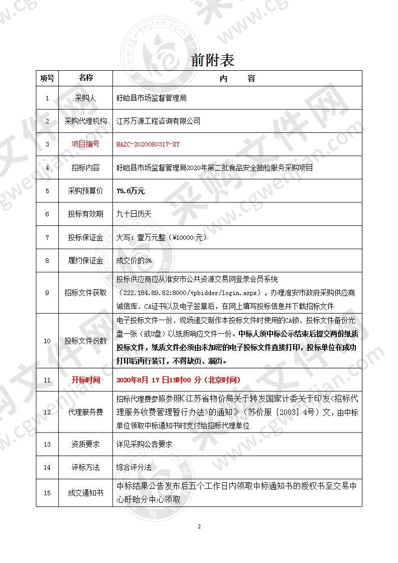 盱眙县市场监督管理局2020年第二批食品安全抽检服务采购项目