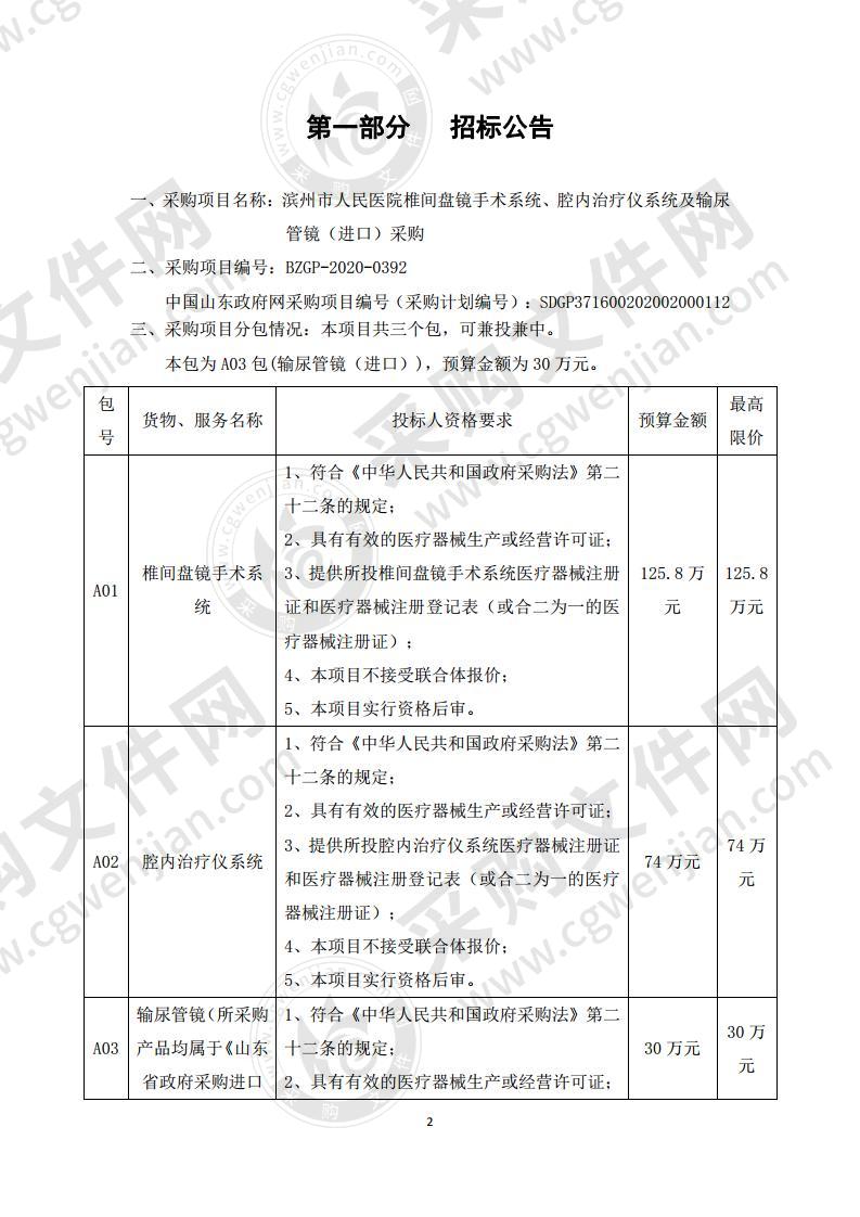 滨州市人民医院椎间盘镜手术系统、腔内治疗仪系统及输尿管镜（进口）采购（第3包）