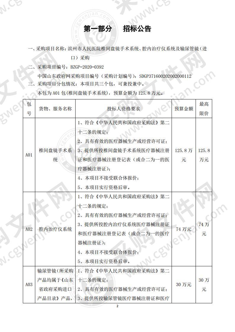 滨州市人民医院椎间盘镜手术系统、腔内治疗仪系统及输尿管镜（进口）采购（第1包）