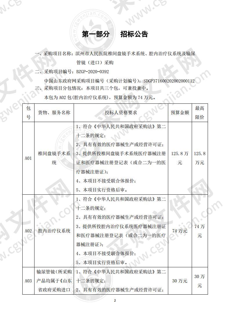 滨州市人民医院椎间盘镜手术系统、腔内治疗仪系统及输尿管镜（进口）采购（第2包）