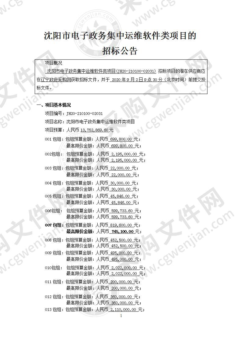 沈阳市电子政务集中运维软件类项目