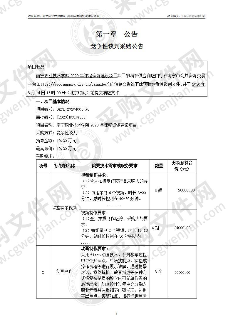 南宁职业技术学院2020年课程资源建设项目