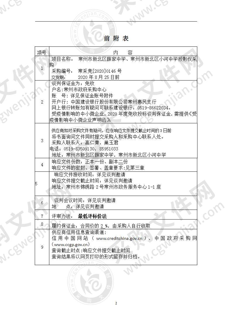 常州市新北区薛家中学、常州市新北区小河中学投影仪采购