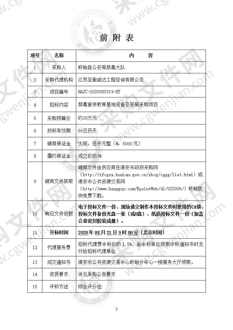 盱眙县禁毒宣传教育基地设备及安装采购项目