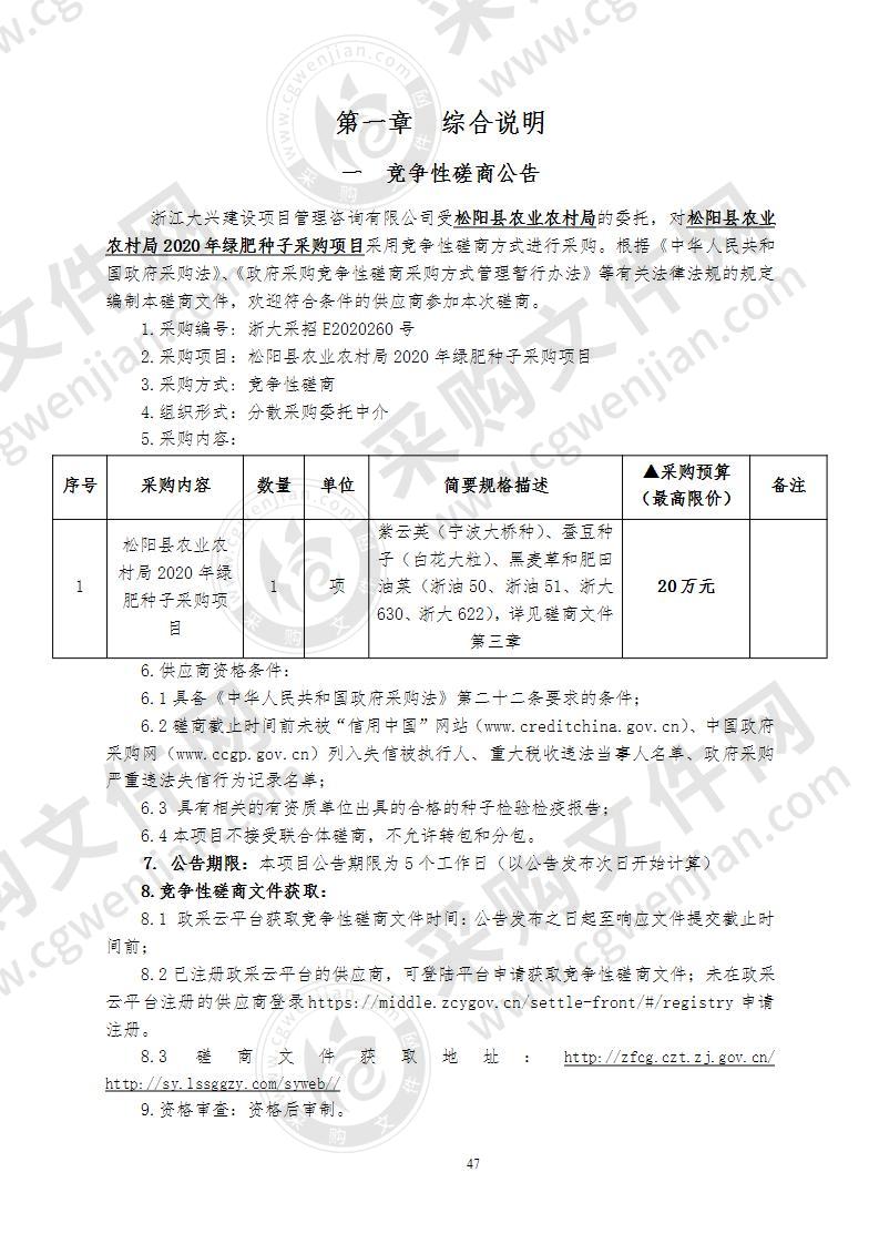 松阳县农业农村局2020年绿肥种子采购项目