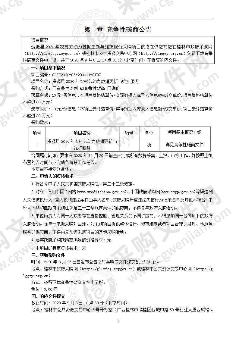 资源县2020年农村劳动力数据更新与维护服务