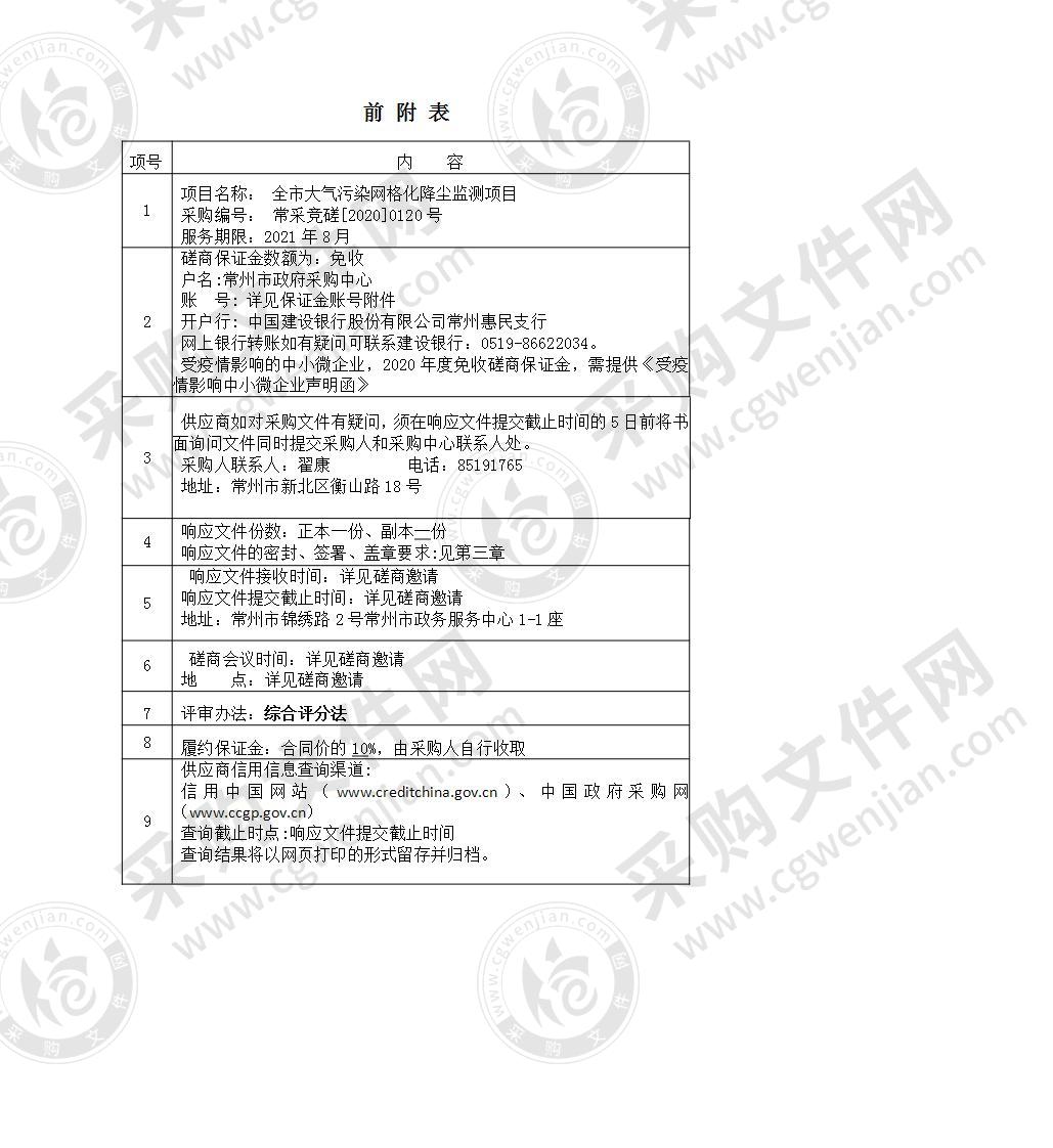 全市大气污染网格化降尘监测项目