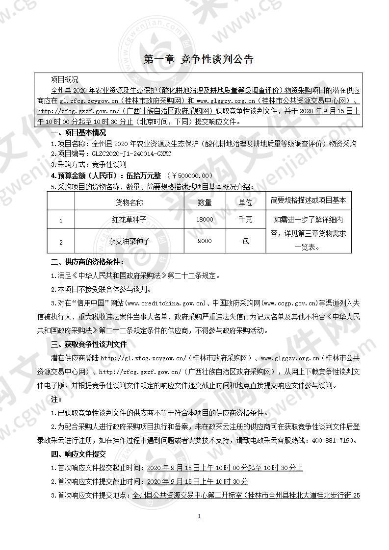 全州县2020年农业资源及生态保护（酸化耕地治理及耕地质量等级调查评价）物资采购