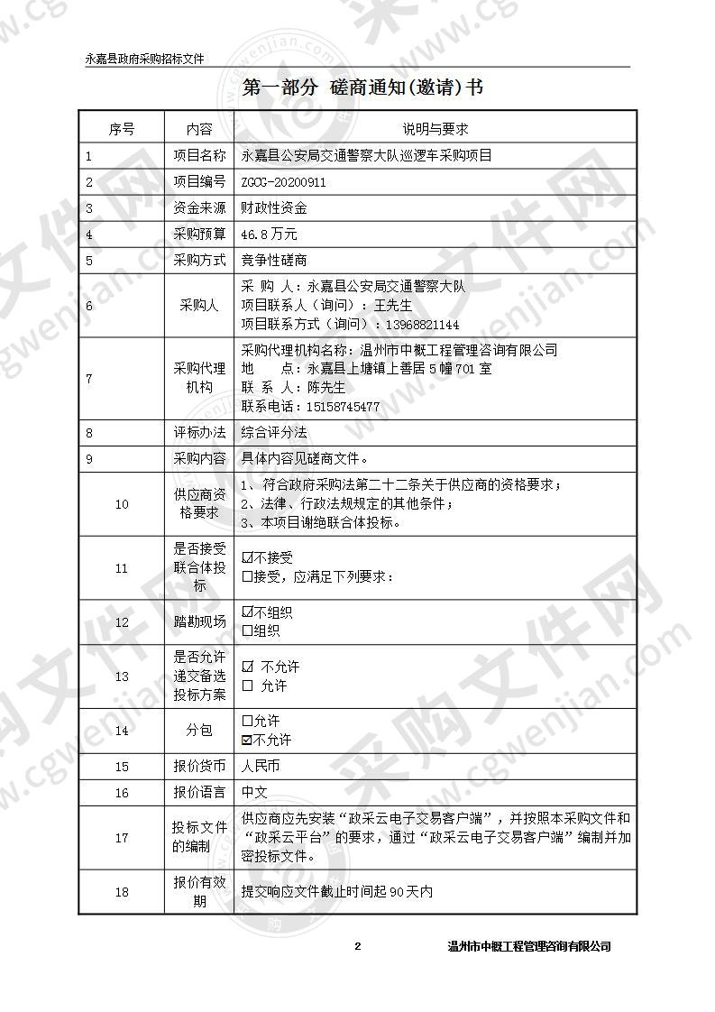 永嘉县公安局交通警察大队巡逻车采购项目