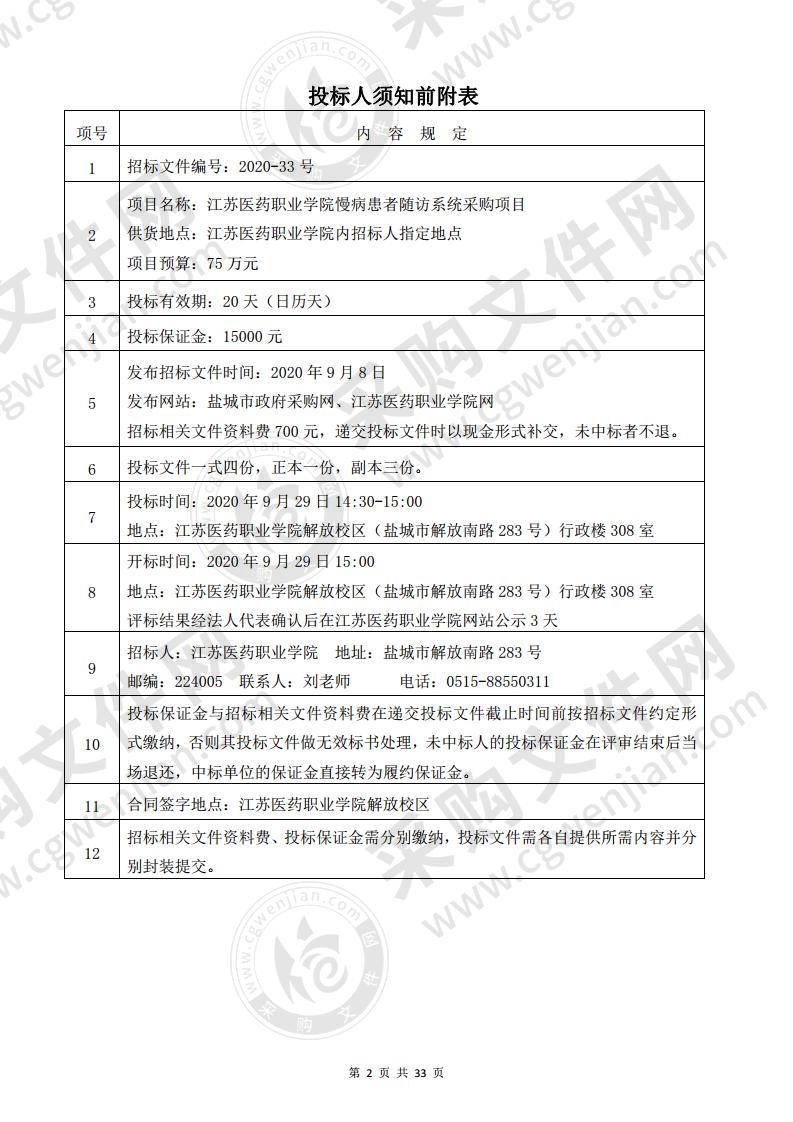 江苏医药职业学院慢病患者随访系统采购项目