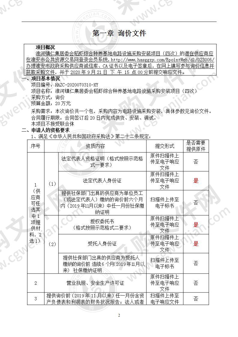 淮河镇仁集居委会稻虾综合种养基地电路设施采购安装项目