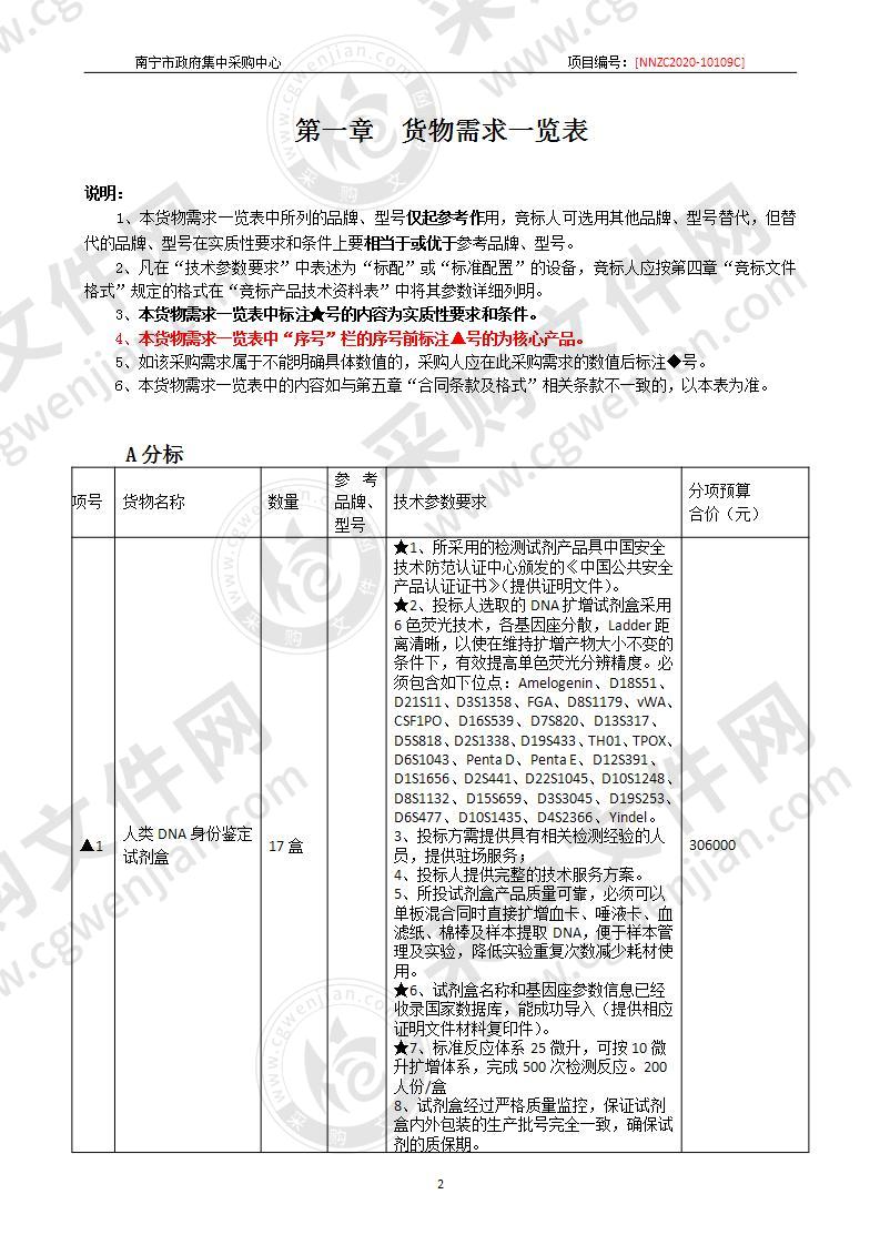 南宁市公安局刑侦支队2020年刑科所运行消耗材料采购（A分标）