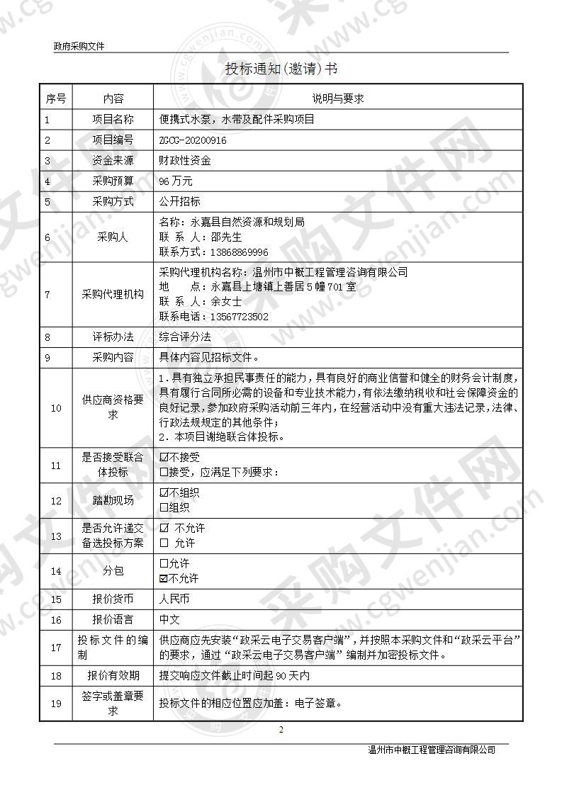 便携式水泵，水带及配件采购项目