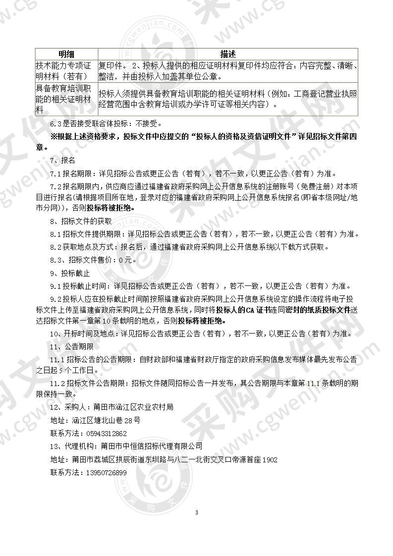 莆田市涵江区农业农村局莆田市涵江区2020年高素质（新型职业）农民培训服务类采购项目服务类采购项目