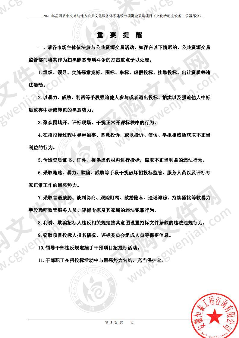 2020年岳西县中央补助地方公共文化服务体系建设专项资金采购项目（文化活动室设备:乐器部分）