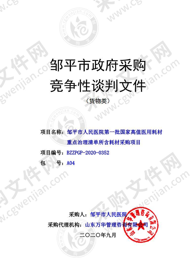 邹平市人民医院第一批国家高值医用耗材重点治理清单所含耗材采购项目（A04包）