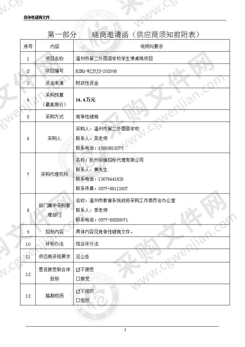 温州市第二外国语学校学生课桌椅项目