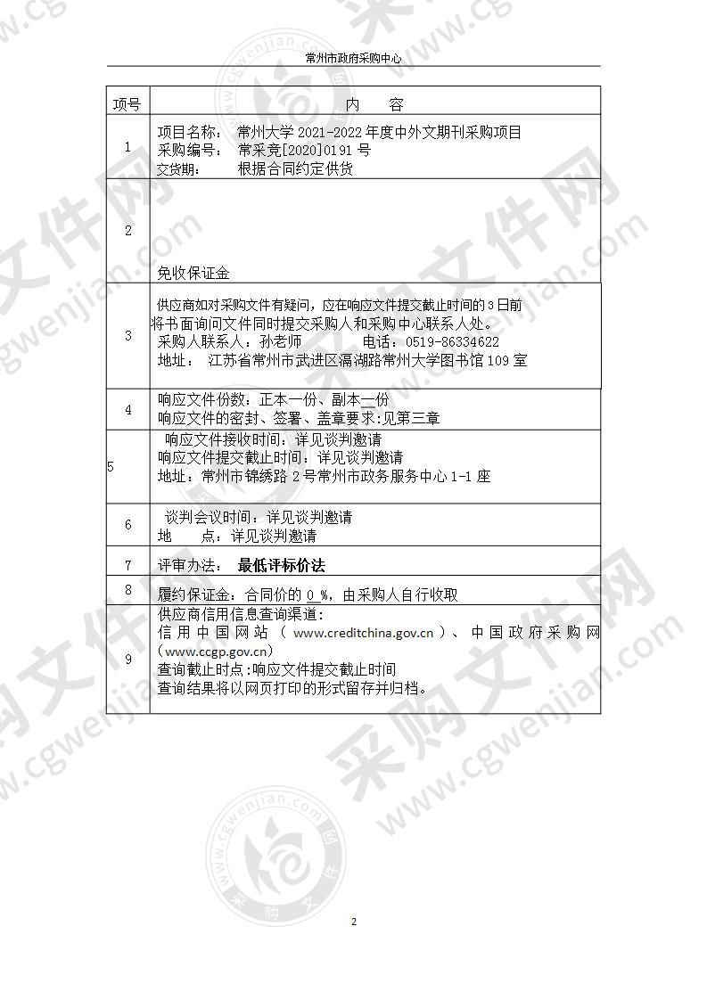 常州大学2021-2022年度中外文期刊采购项目