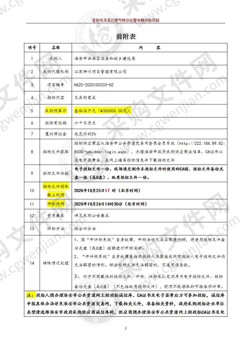 淮安市洪泽区燃气特许经营中期评估服务