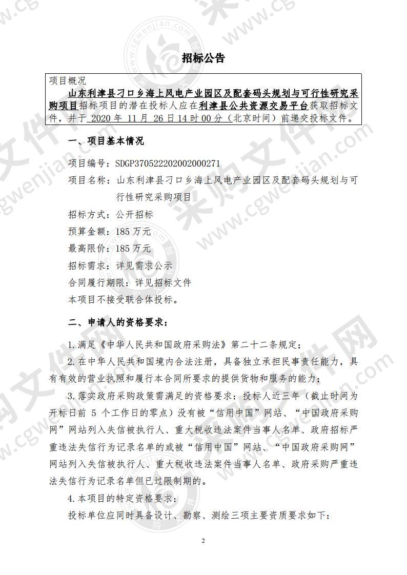 山东利津县刁口乡海上风电产业园区及配套码头规划与可行性研究采购项目