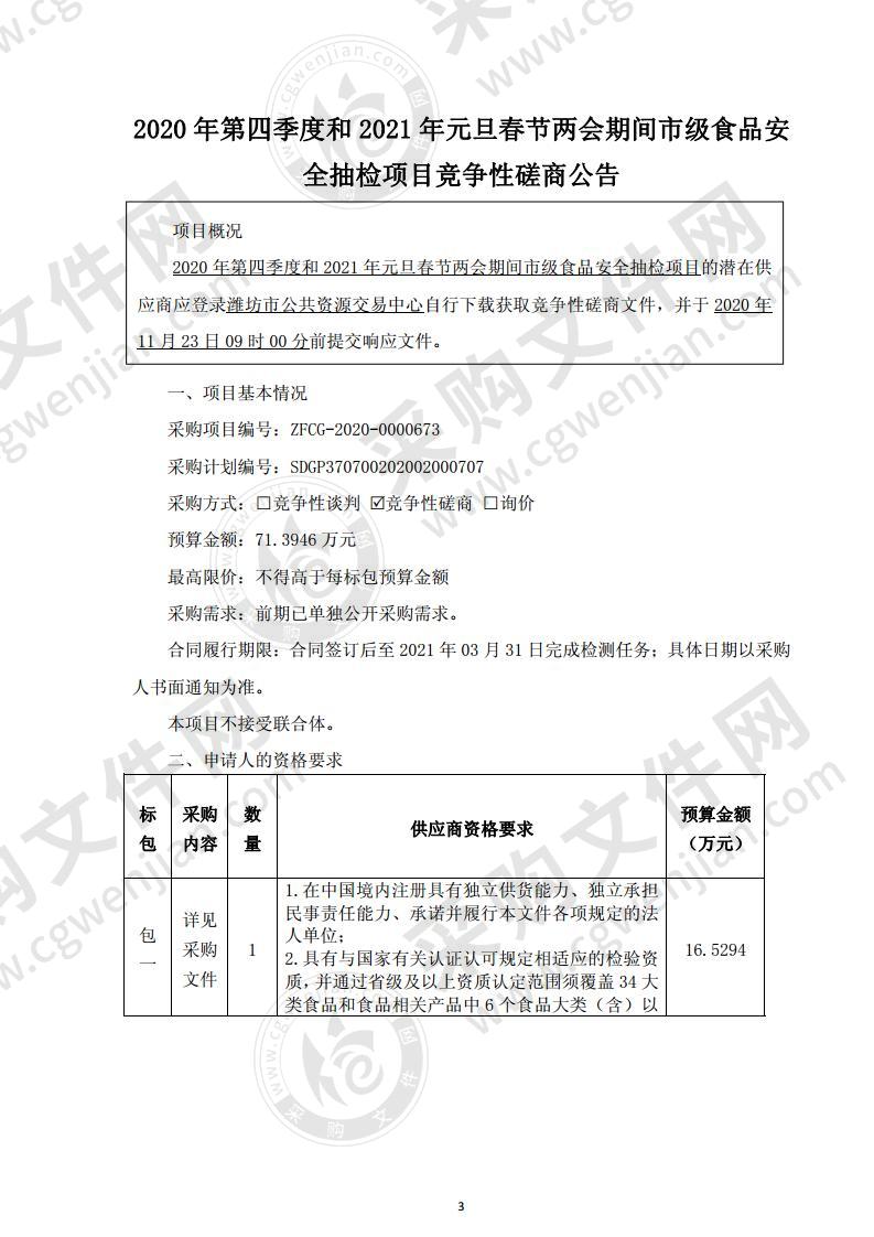 2020年第四季度和2021年元旦春节两会期间市级食品安全抽检项目