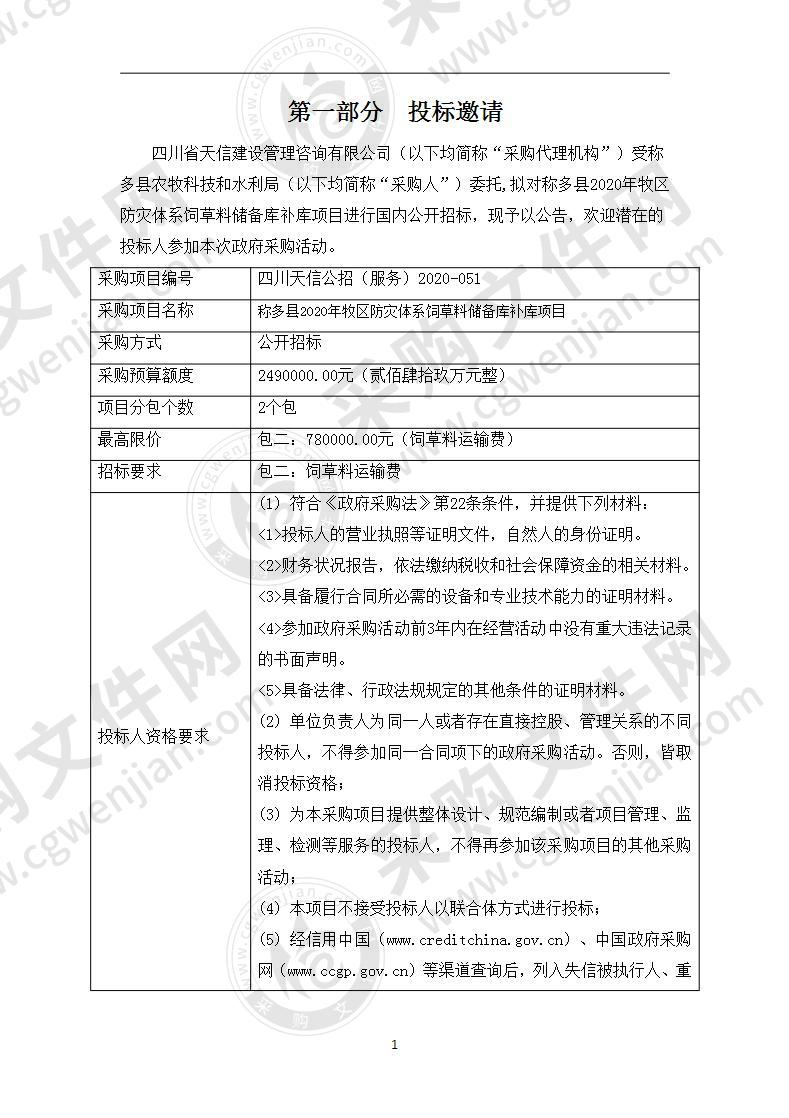 称多县2020年牧区防灾体系饲草料储备库补库项目（包二）