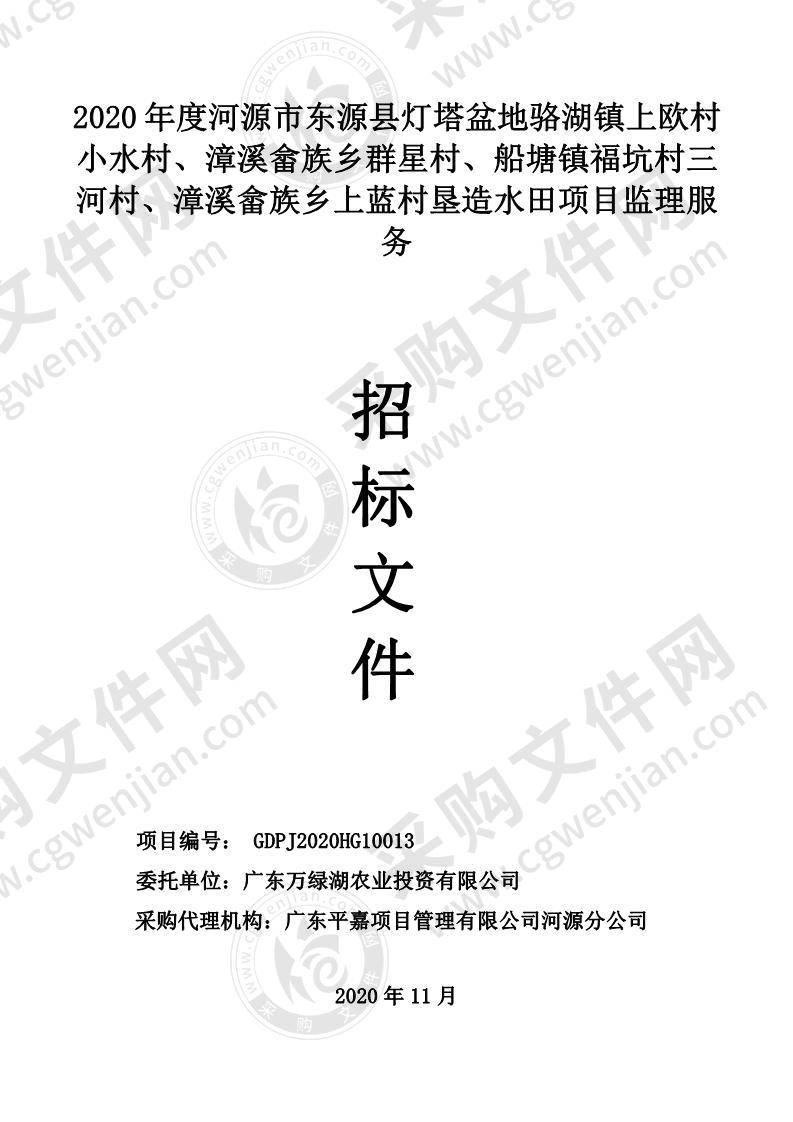 2020年度河源市东源县灯塔盆地骆湖镇上欧村小水村、漳溪畲族乡群星村、船塘镇福坑村三河村、漳溪畲族乡上蓝村垦造水田项目监理服务