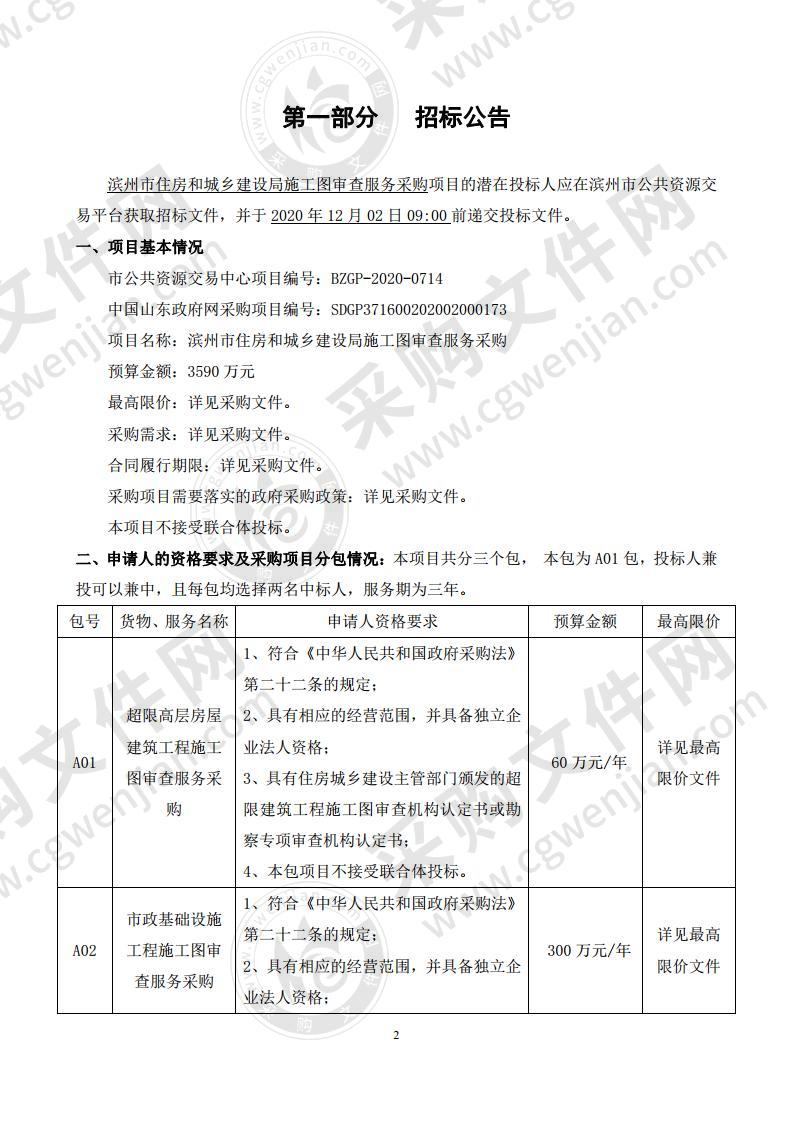 滨州市住房和城乡建设局施工图审查服务采购（A01包）