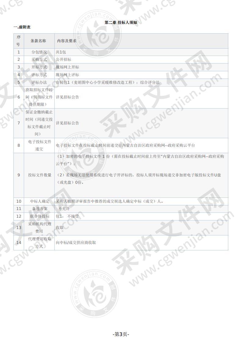 凉城县麦胡图中心小学采暖维修改造工程