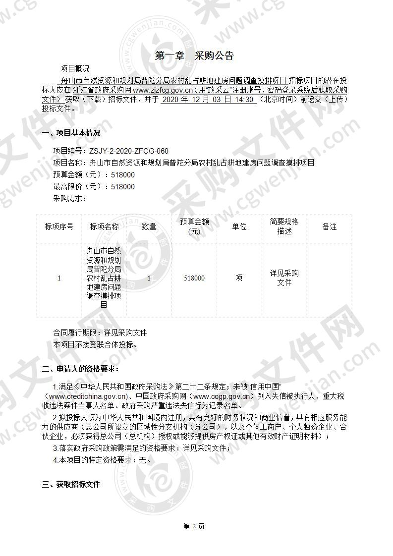 舟山市自然资源和规划局普陀分局农村乱占耕地建房问题调查摸排项目