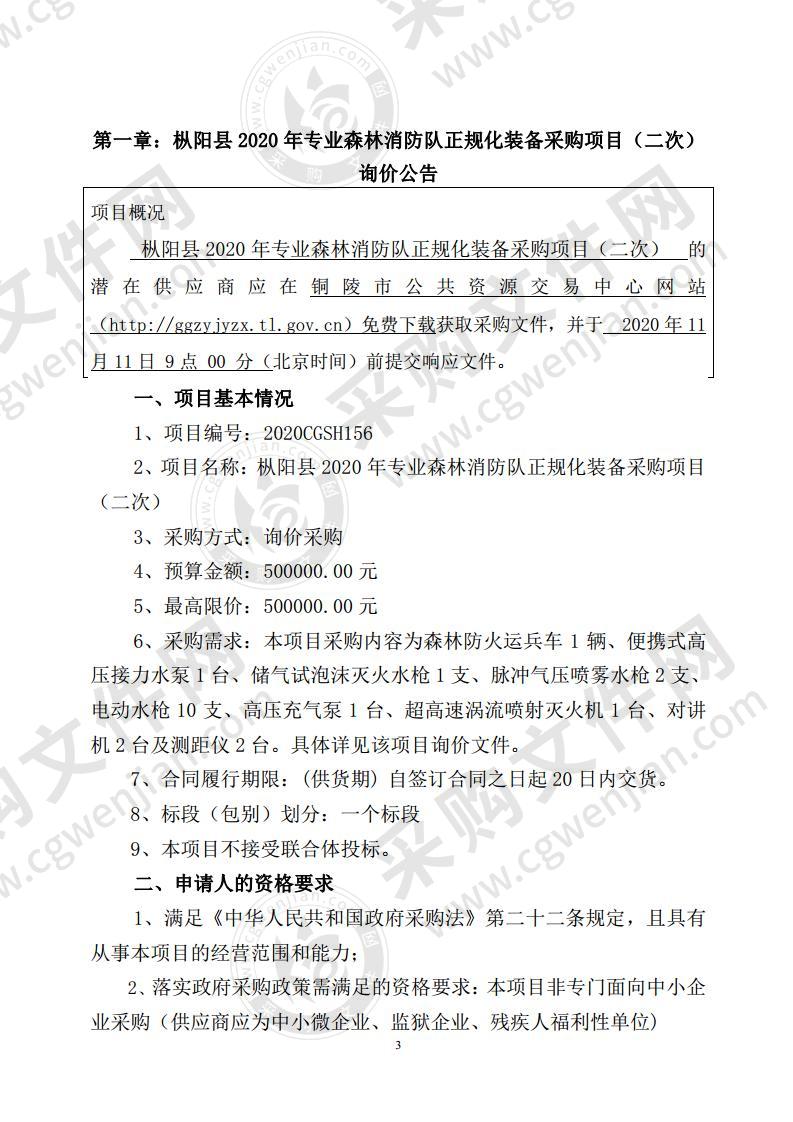 枞阳县林业局2020年专业森林消防队正规化装备采购项目