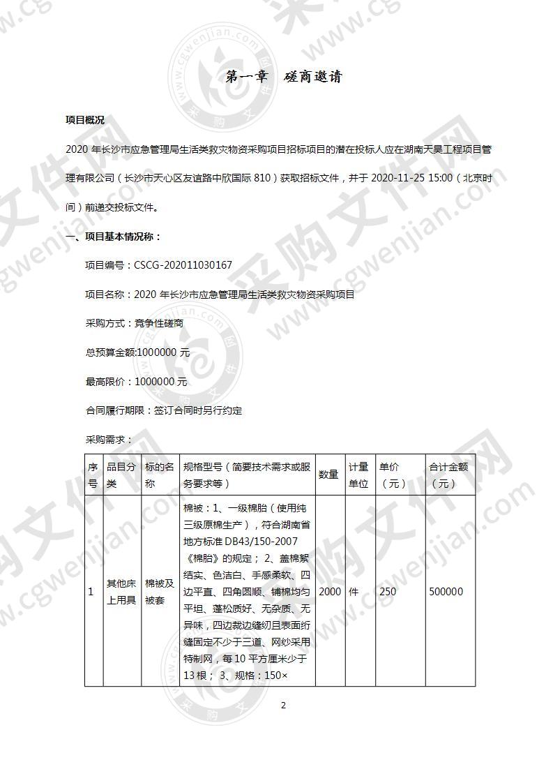 2020年长沙市应急管理局生活类救灾物资采购项目