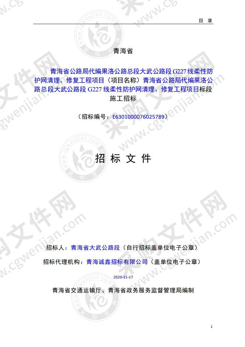 青海省公路局代编果洛公路总段大武公路段G227线柔性防 护网清理、修复工程项目