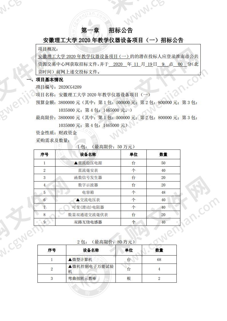 安徽理工大学 2020 年教学仪器设备项目（一）