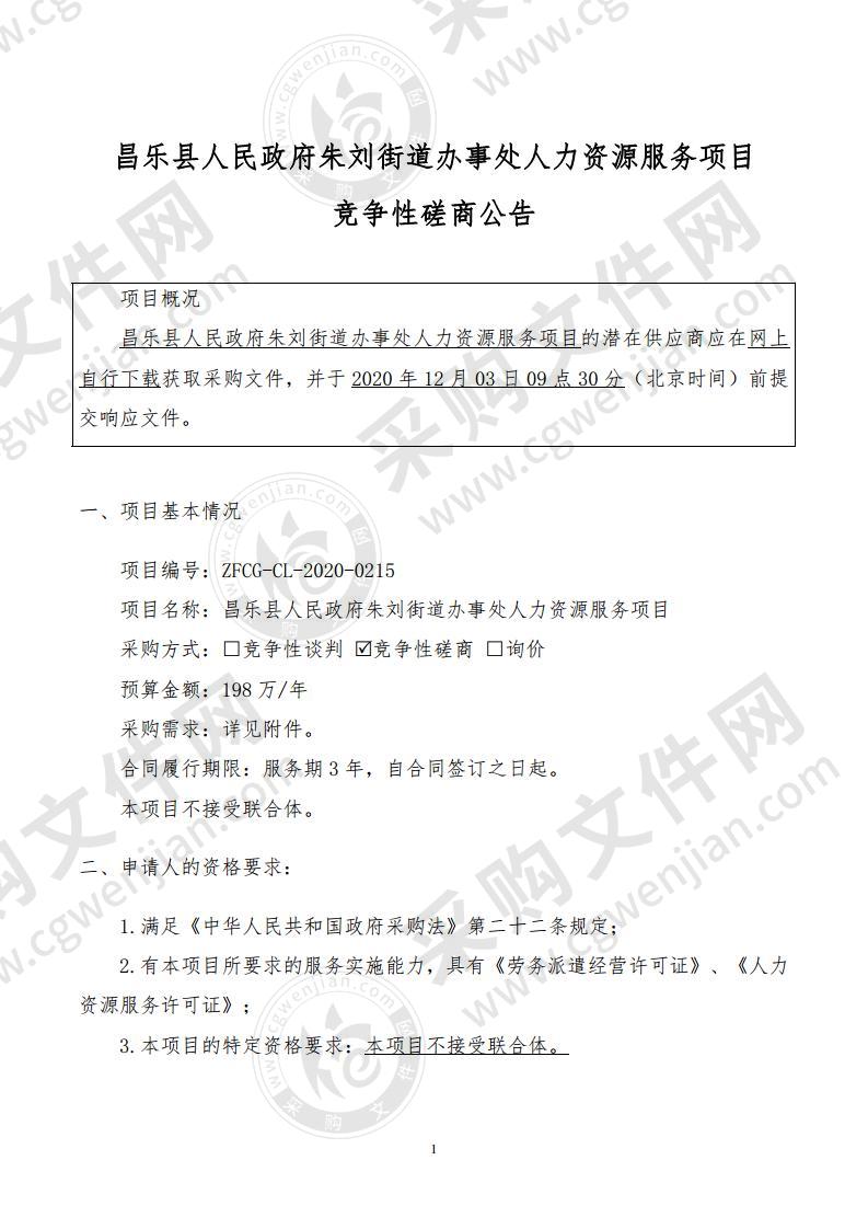 昌乐县人民政府朱刘街道办事处人力资源服务项目