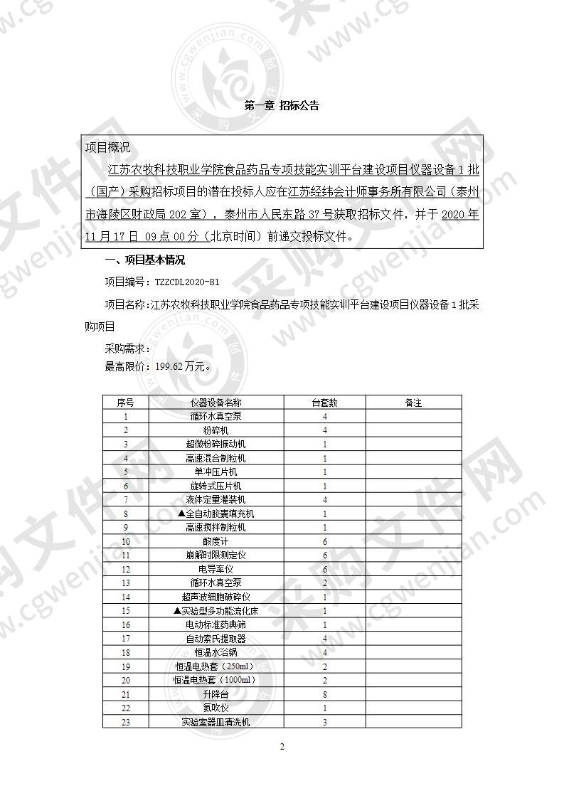 江苏农牧科技职业学院食品药品专项技能实训平台建设项目仪器设备1批采购项目