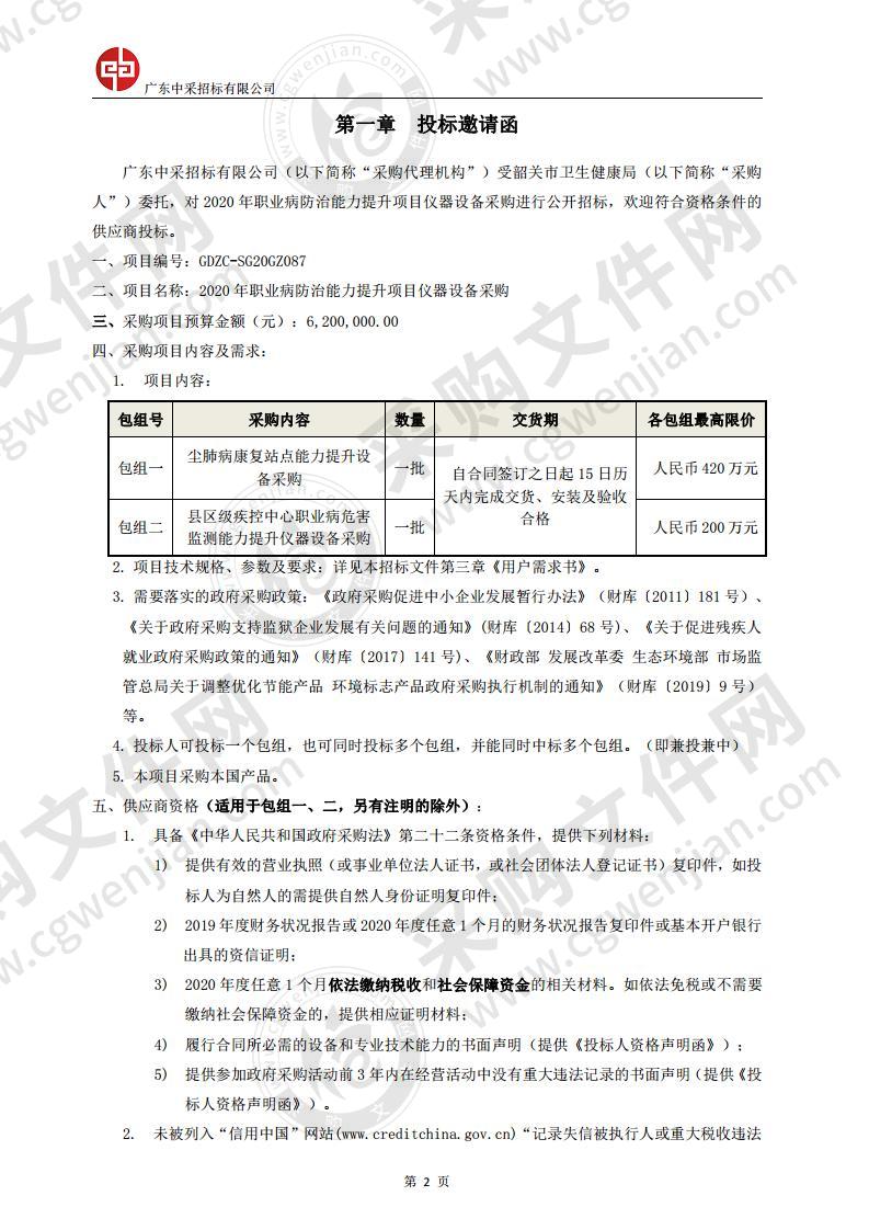 2020年职业病防治能力提升项目仪器设备采购