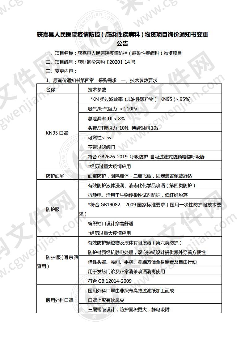 获嘉县人民医院疫情防控（感染性疾病科）物资项目