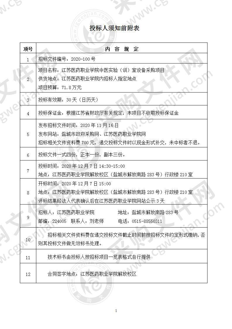 江苏医药职业学院中医实验（训）室设备采购项目