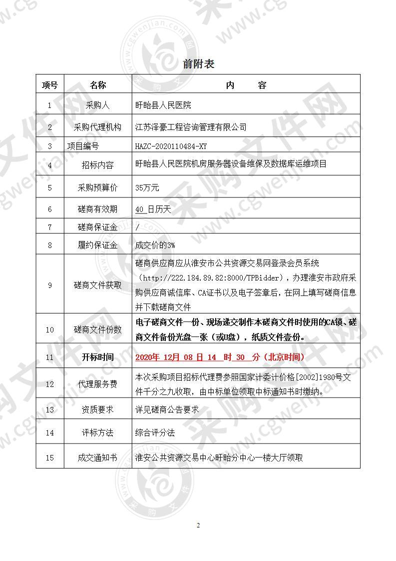 盱眙县人民医院机房服务器设备维保及数据库运维项目