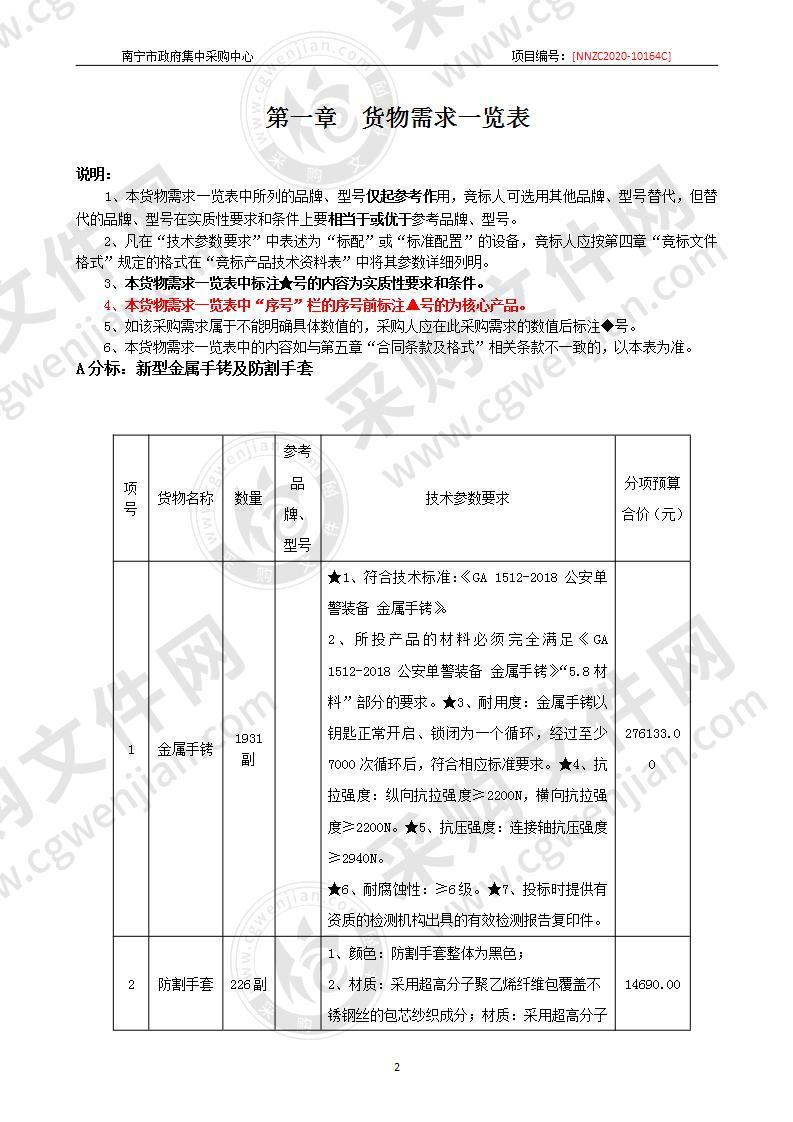 南宁市公安局新型金属手铐及防割手套、竖喷型催泪喷射器、新型强光手电采购（A分标）