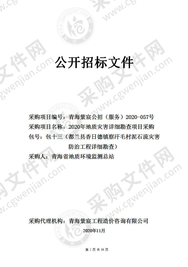 2020年地质灾害详细勘查项目采购（包十三（都兰县香日德镇察汗毛村泥石流灾害防治工程详细勘查））