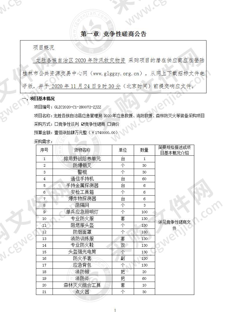 龙胜各族自治县应急管理局2020年应急救援、消防救援、森林防灭火等装备采购项目