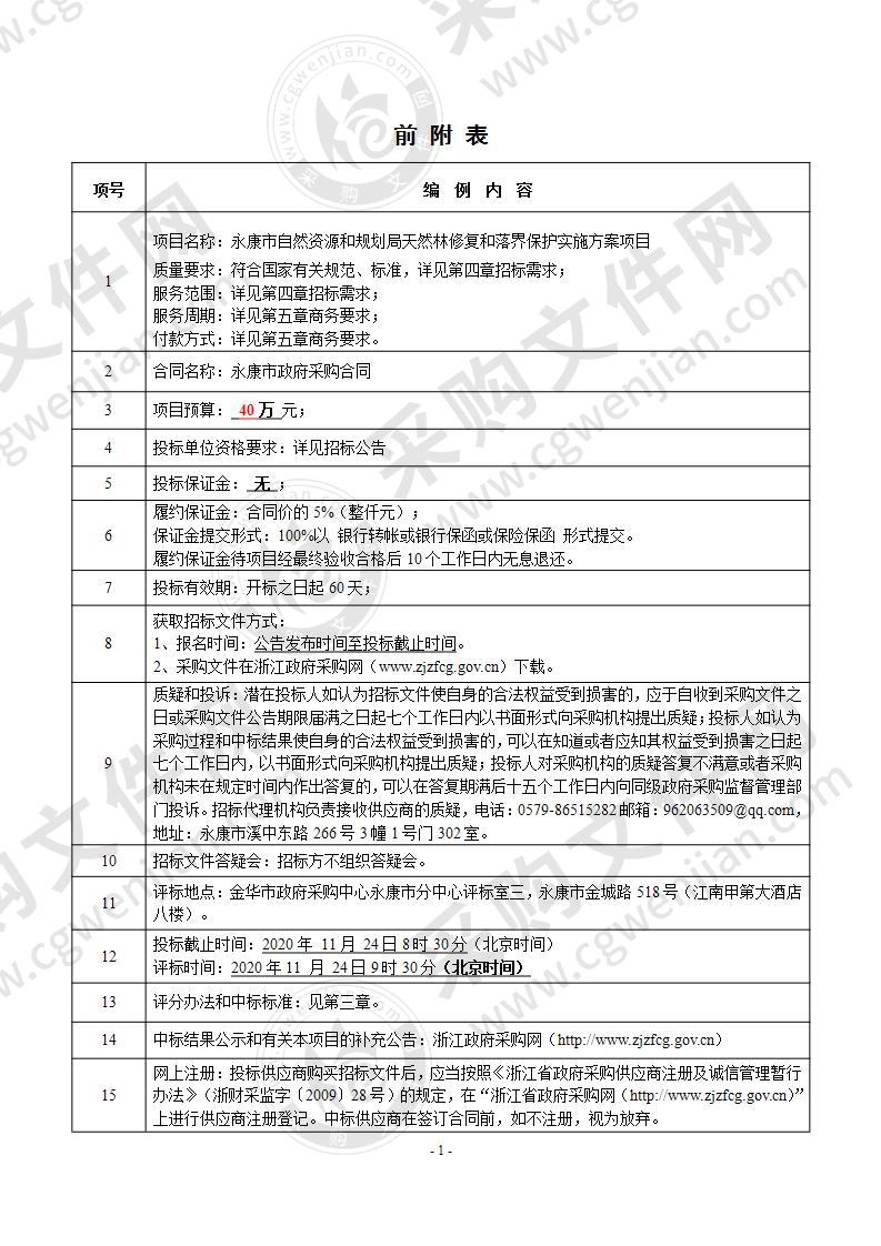 永康市自然资源和规划局天然林修复和落界保护实施方案项目