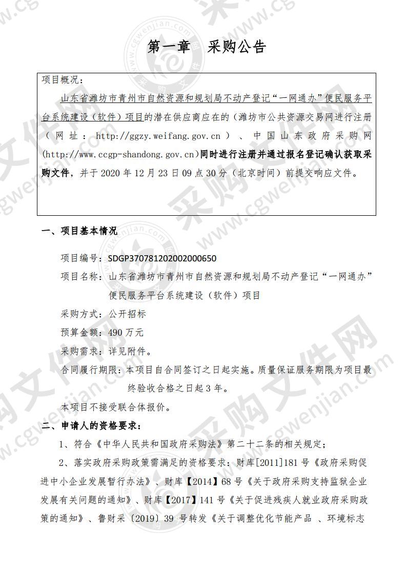 山东省潍坊市青州市自然资源和规划局不动产登记“一网通办”便民服务平台系统建设（软件）项目