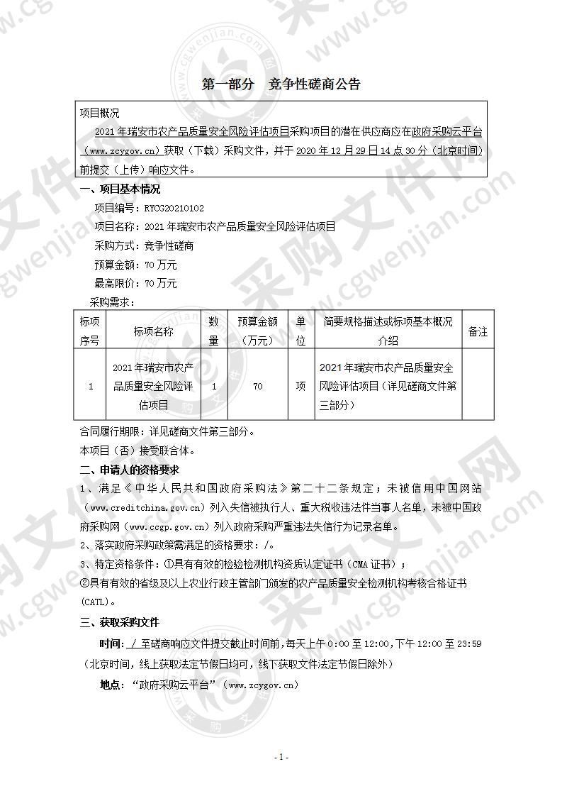 2021年瑞安市农产品质量安全风险评估项目