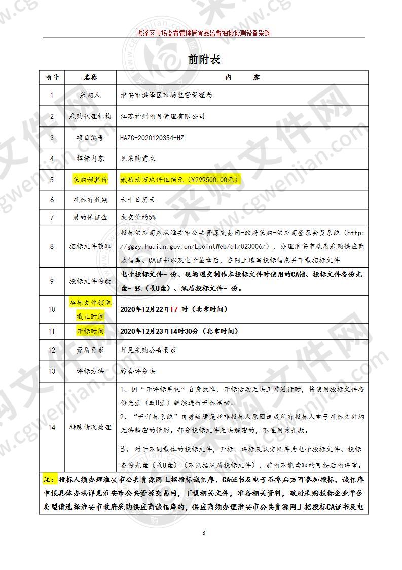 洪泽区市场监督管理局食品监督抽检检测设备采购