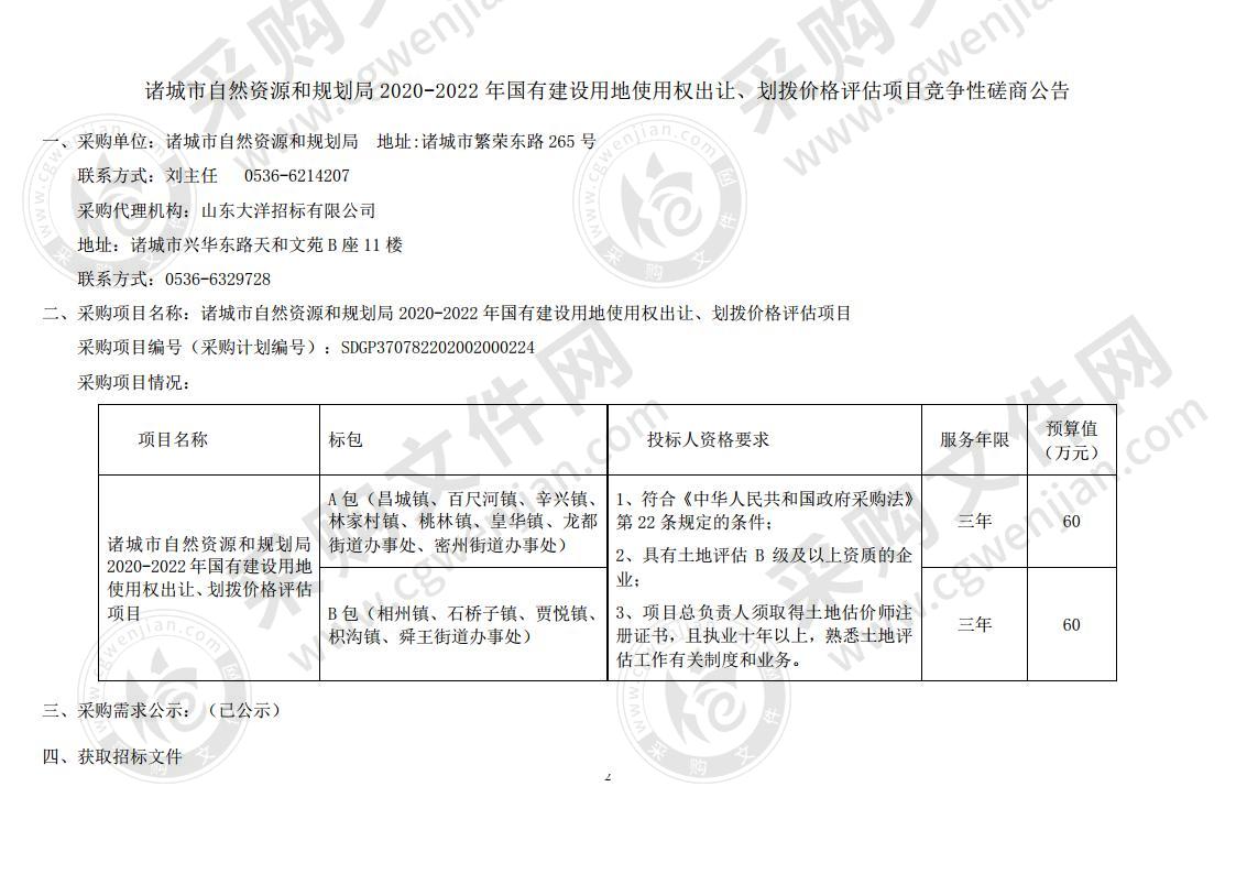 诸城市自然资源和规划局2020-2022年国有建设用地使用权出让、划拨价格评估项目