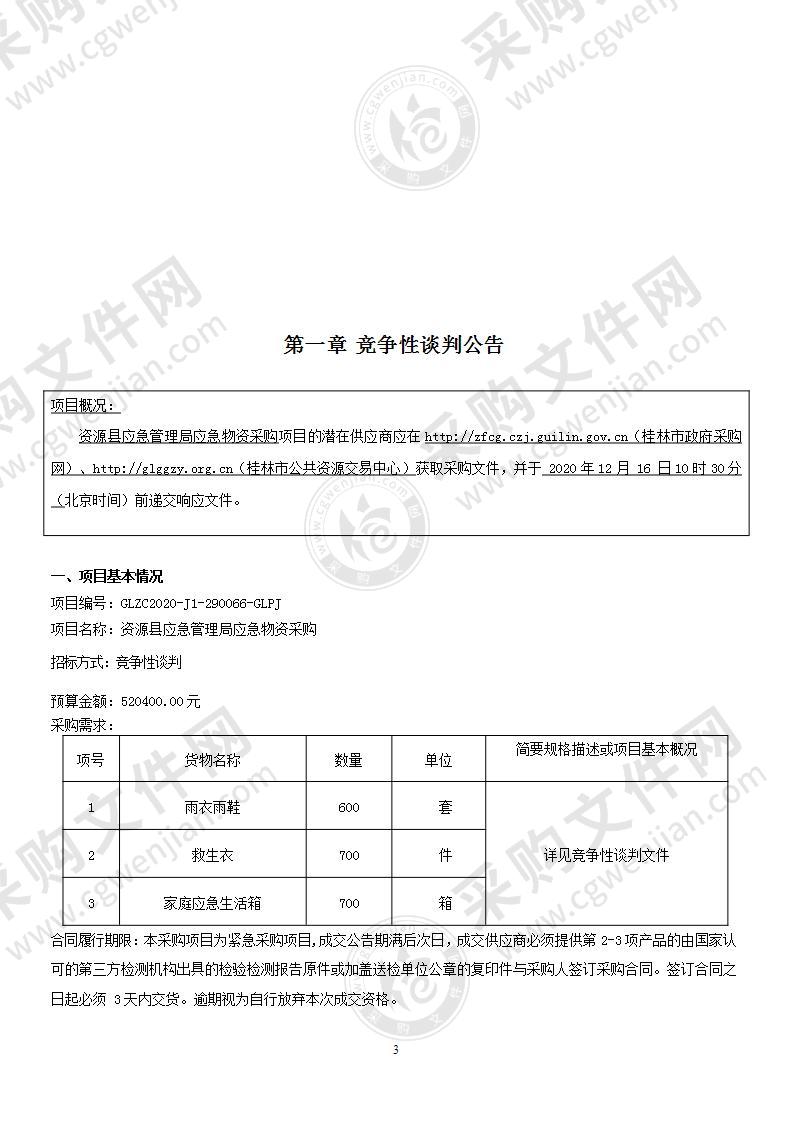 资源县应急管理局应急物资采购