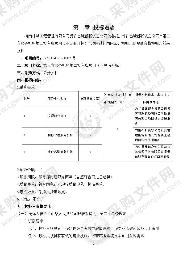 许昌魏都投资总公司“第三方服务机构第二批入库项目”